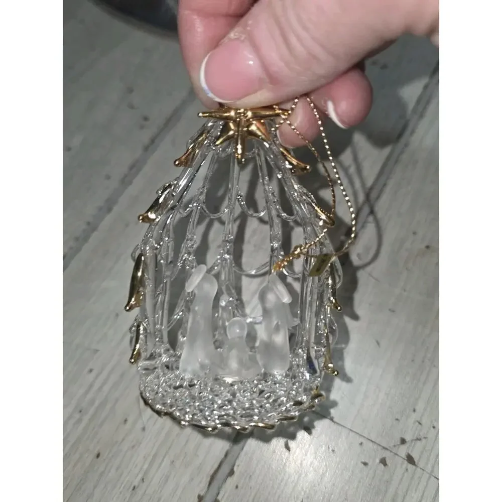 Vtg Hand Spun Blown Clear Glass Nativity Manger Ornament Religious Christmas 3